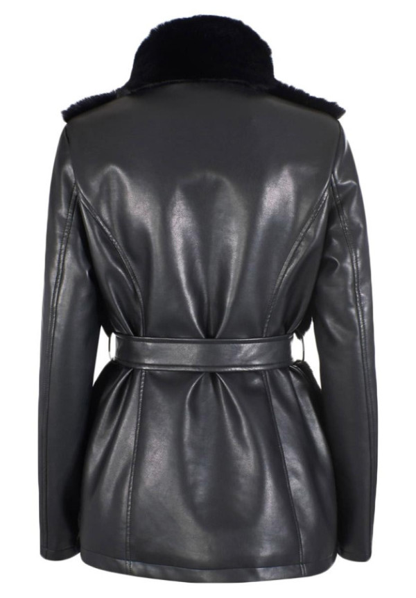 CHAQUETA DE MUJER ECOPIEL NEGRA CON CINTURON 